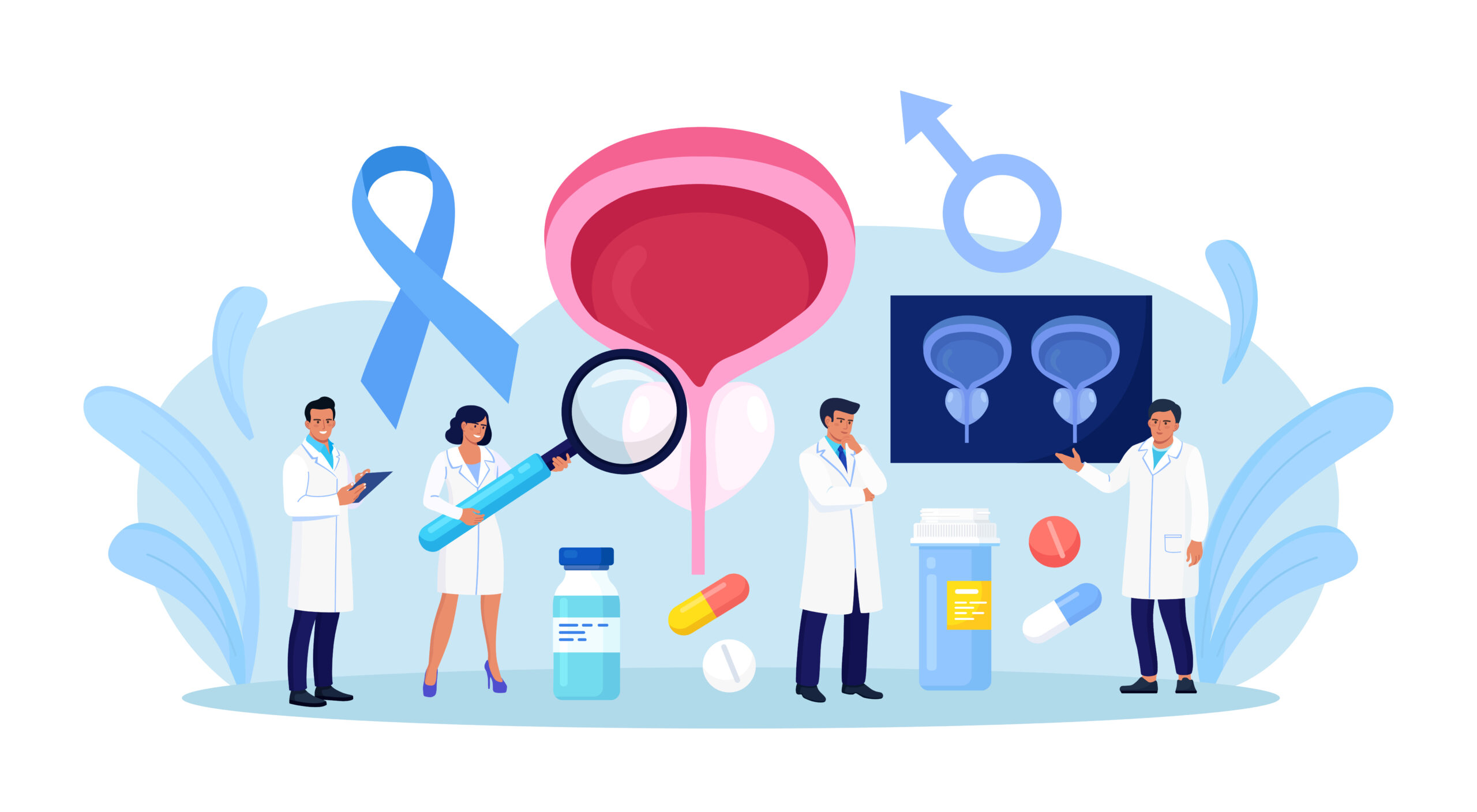 Prostate cancer. Urologist examines male genitourinary system. Diagnosis of prostatitis or sexual dysfunction. Andrologist engaged in prevention and treatment of prostate gland diseases