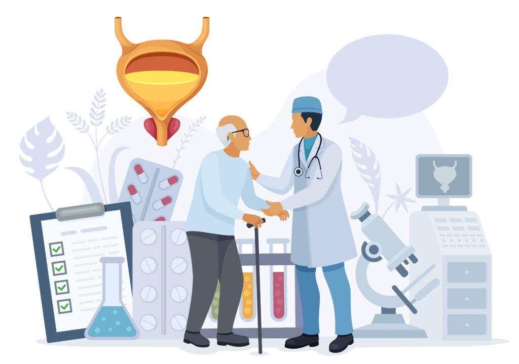 Urology. Elderly man consult with doctor urologist. Medical Research. Studying and Prescription Drug. Bladder anatomy and prostate gland.